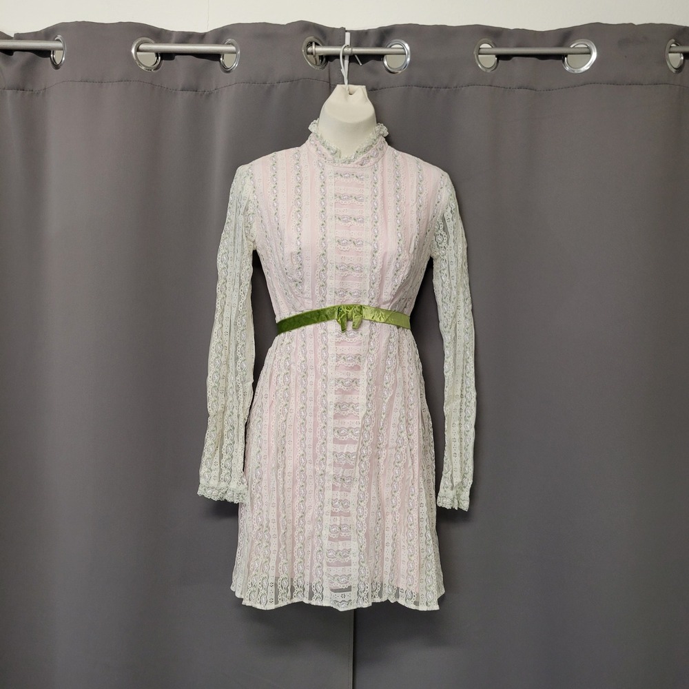 Vintage Lace Mini Dress Pink Green Velvet Ribbon High Neck Victorian 60s 70s XS